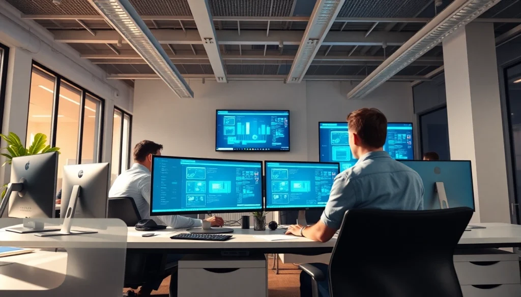 Managed IT provider assisting clients in a collaborative workspace with advanced technology solutions.