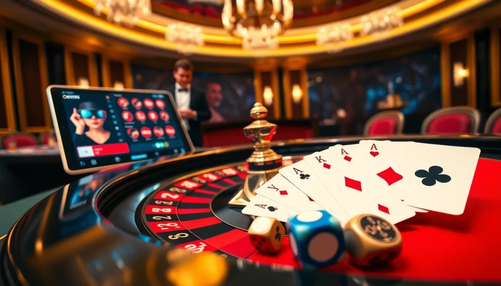 Experience the excitement of Nhà cái OKWIN with a luxurious casino scene featuring roulette and poker elements.