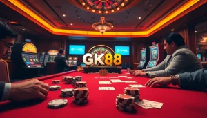 Players enjoying high-stakes card games at GK88 Casino, immersed in a vibrant and luxurious atmosphere.