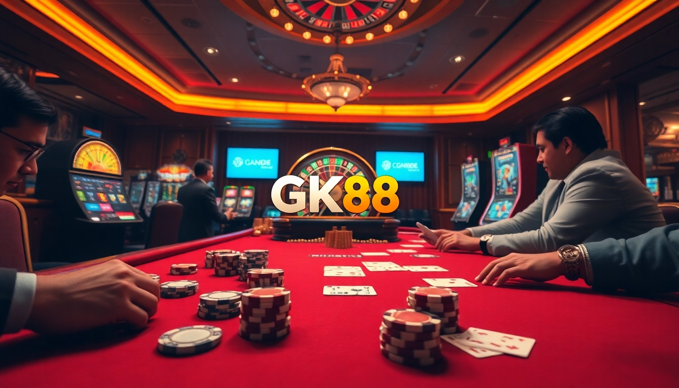 Players enjoying high-stakes card games at GK88 Casino, immersed in a vibrant and luxurious atmosphere.