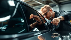 Enhance your ride with professional window tint Chattanooga, featuring a skilled technician applying tint to a sleek car.