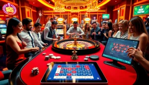 Players enjoying a thrilling roulette game at KJC Casino, surrounded by vibrant lights and excitement.