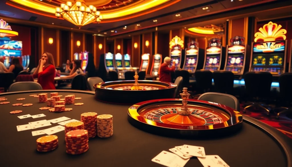 Gamblers enjoying a vibrant casino experience at 23Win, featuring poker tables and slot machines.
