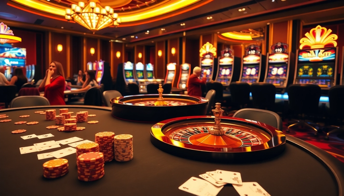 Gamblers enjoying a vibrant casino experience at 23Win, featuring poker tables and slot machines.
