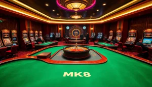 Exciting gameplay at MK8 casino featuring luxurious poker tables and vibrant slot machines.