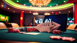Engaging in רמי אונליין with vibrant casino tables and colorful poker chips.