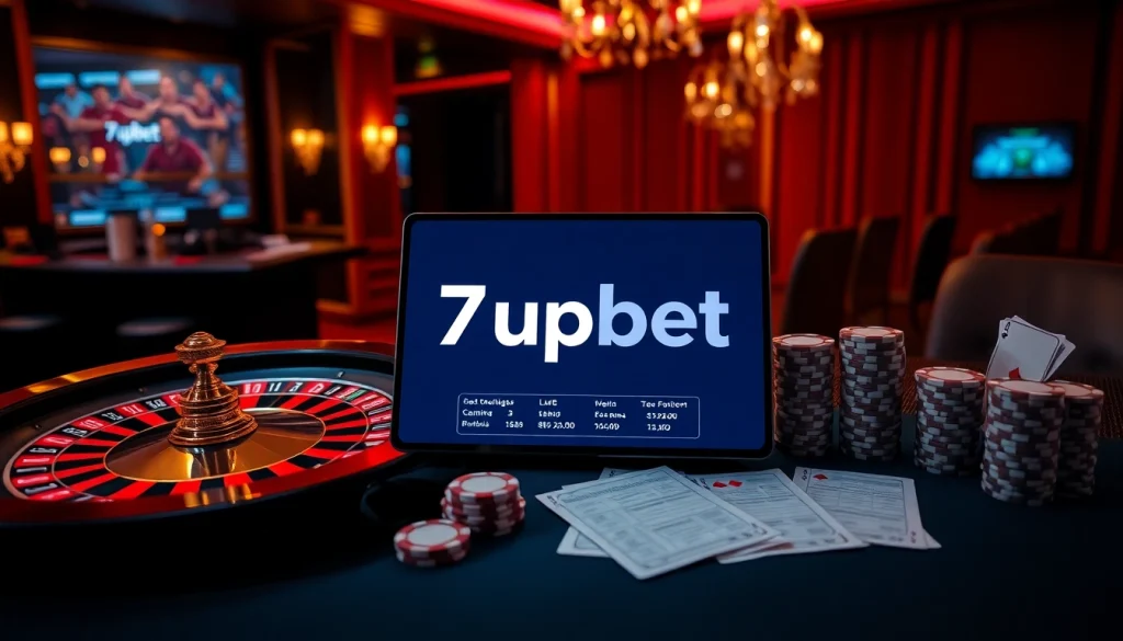 Engaging casino scene showcasing 7upbet online betting interface with roulette and poker chips.