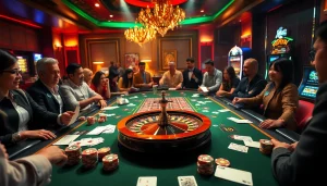 Players enjoying a thrilling game at the KP88 casino table with vibrant atmosphere and excitement.