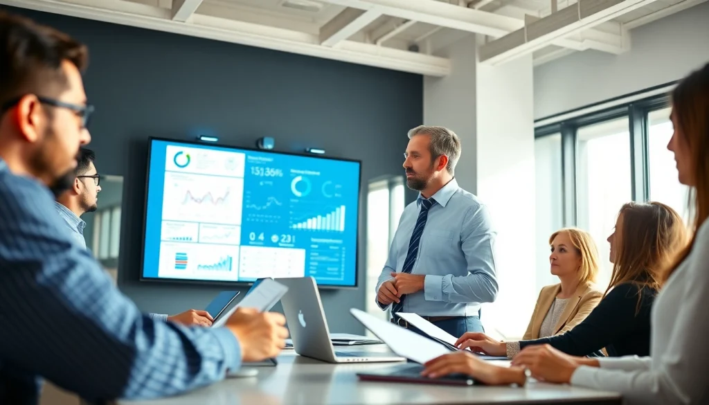 Marketing strategy consultant analyzing digital data with a team in a modern office setting.