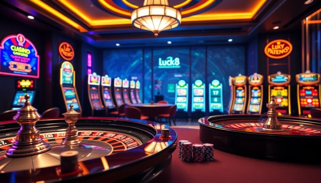 Engaging casino scene showcasing luck8 trang chủ with vibrant slot machines and a roulette wheel.