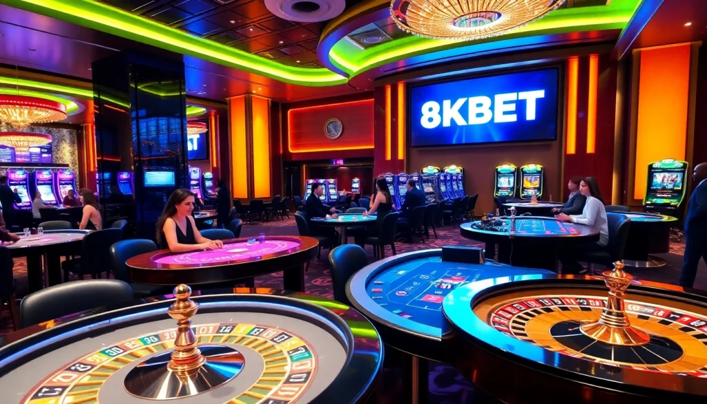 Experience thrilling gaming at 8KBET's luxurious casino, vibrant with excitement and top-notch services.