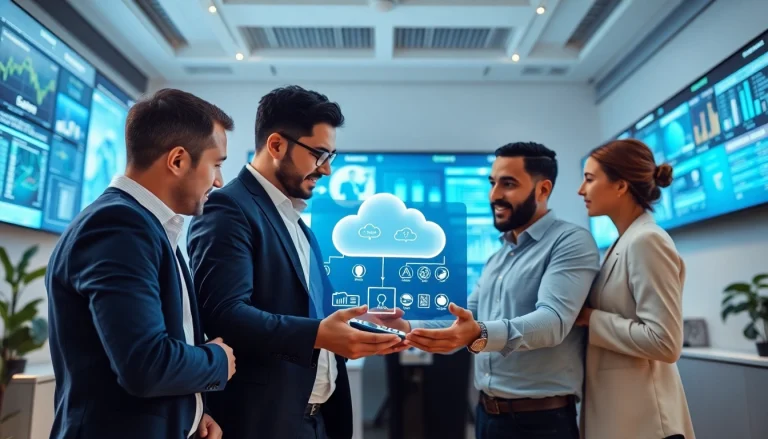 Providing cloud migration services through a collaborative team analyzing cloud solutions in a modern workspace.