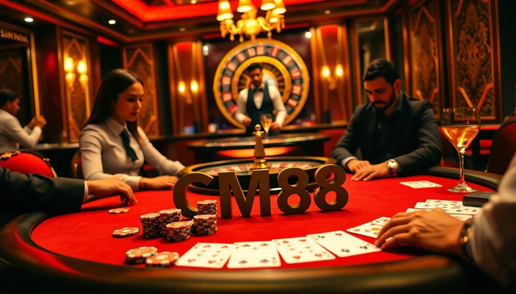 Experience the luxury of high-stakes gambling with CM88 poker chips and vibrant casino elements.
