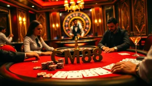 Experience the luxury of high-stakes gambling with CM88 poker chips and vibrant casino elements.