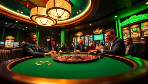 Engaging players enjoying a thrilling game at Onicplay's vibrant poker table in a luxurious casino setting.