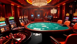 Engage with the excitement of uu88 at a luxurious online poker table surrounded by vibrant casino elements.
