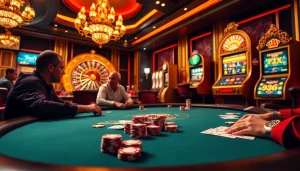 Engaged players at a luxurious casino poker table, embodying excitement at 7upbet.