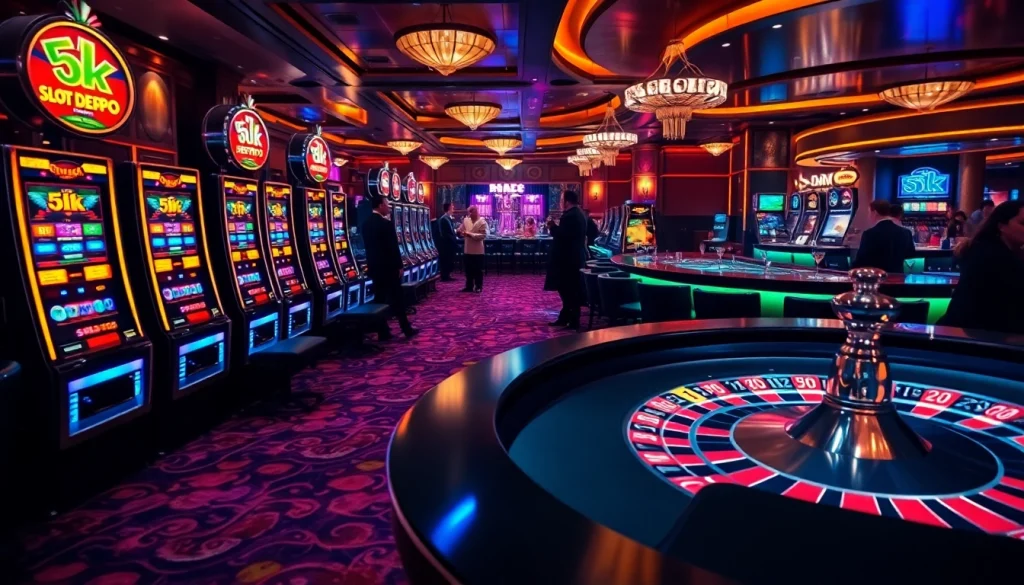 Winning big at slot depo 5k with vibrant slot machines and glamorous casino ambiance.