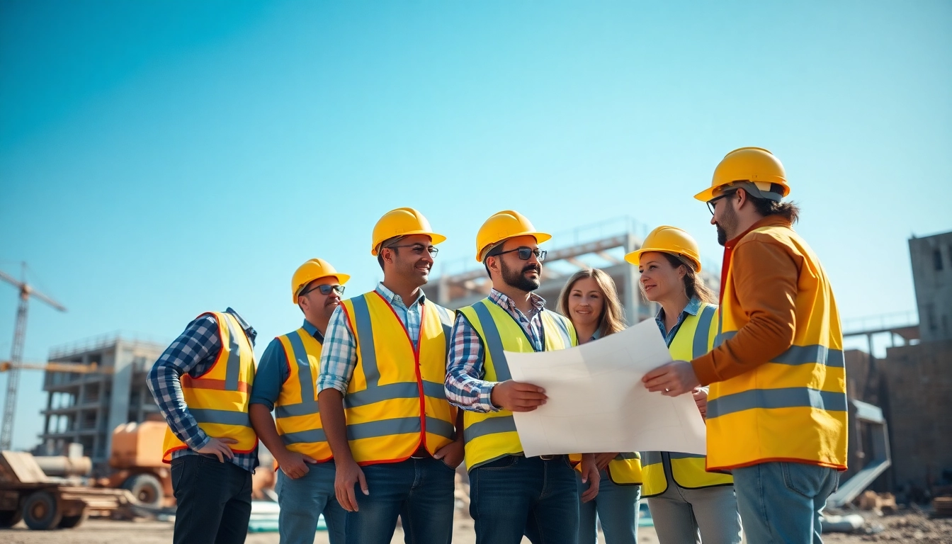 Construction association professionals discussing blueprints at an active site.