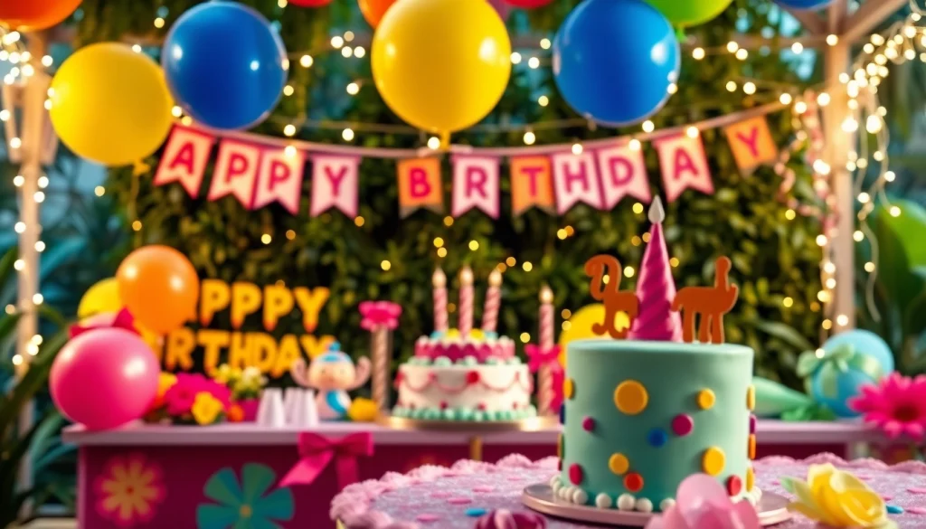 Set up a customizable birthday party with vibrant decorations and personalized elements in a lively garden setting.