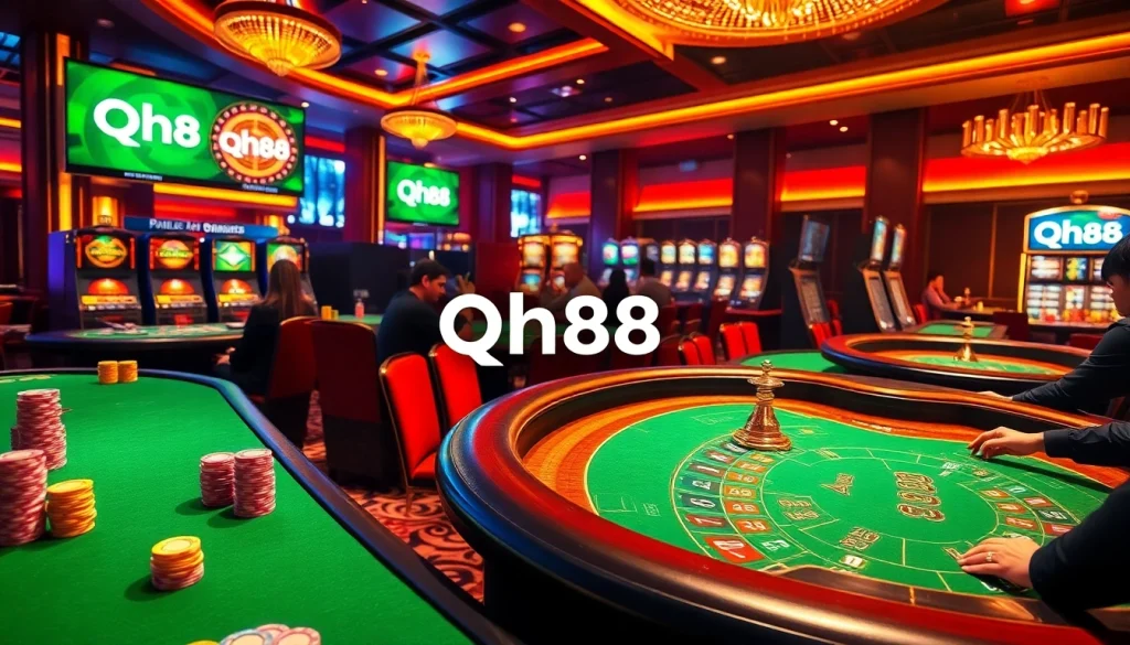 Experience thrilling casino action at qh88 with players enjoying poker, roulette, and slot machines.