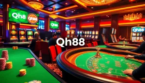 Experience thrilling casino action at qh88 with players enjoying poker, roulette, and slot machines.
