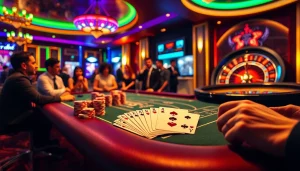 Players enjoying a high-stakes poker game at TK88 casino with vibrant atmosphere and luxurious decor.