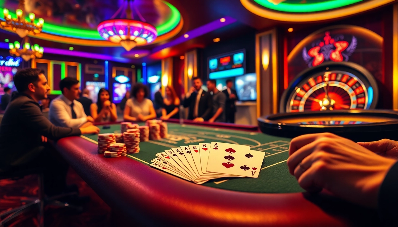 Players enjoying a high-stakes poker game at TK88 casino with vibrant atmosphere and luxurious decor.