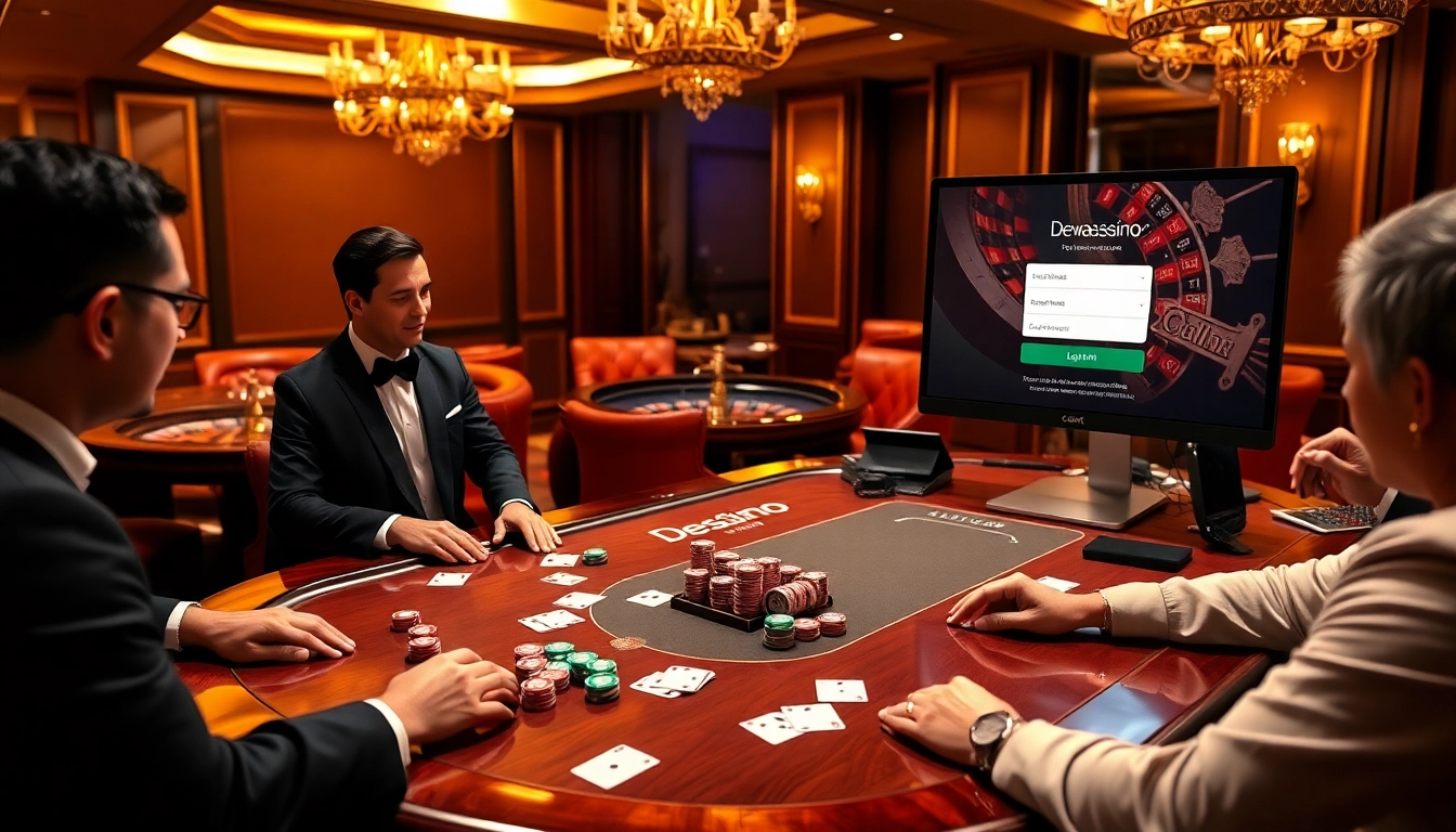 Experience the thrill of dewacasino login at an elegant high-stakes poker table with colorful chips.