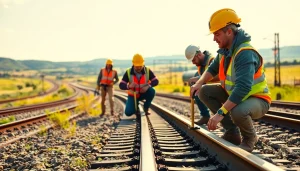 Railroad maintenance services team measuring tracks' alignment for safety and efficiency.
