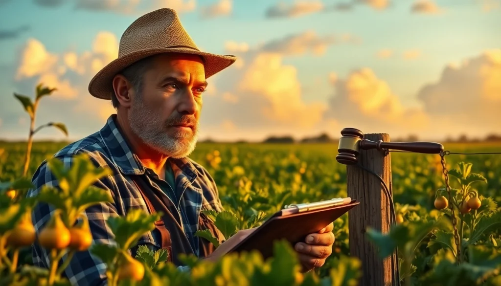 Farmer examining crops in relation to agriculture law and land management, showcasing diligence.