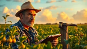 Farmer examining crops in relation to agriculture law and land management, showcasing diligence.