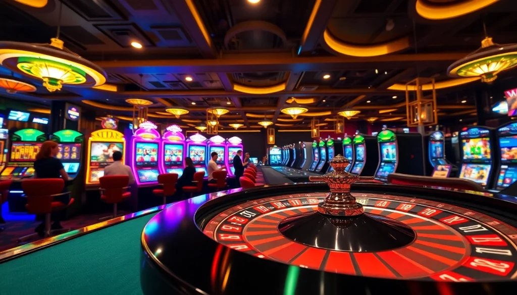 Experience the thrill at a casino with players eagerly betting on LUCKYWIN roulette and slot machines.