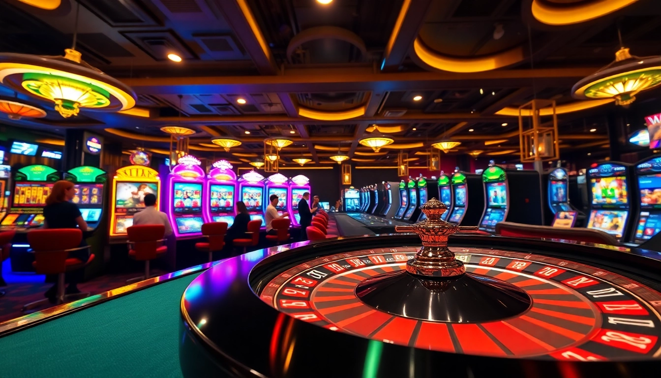 Experience the thrill at a casino with players eagerly betting on LUCKYWIN roulette and slot machines.