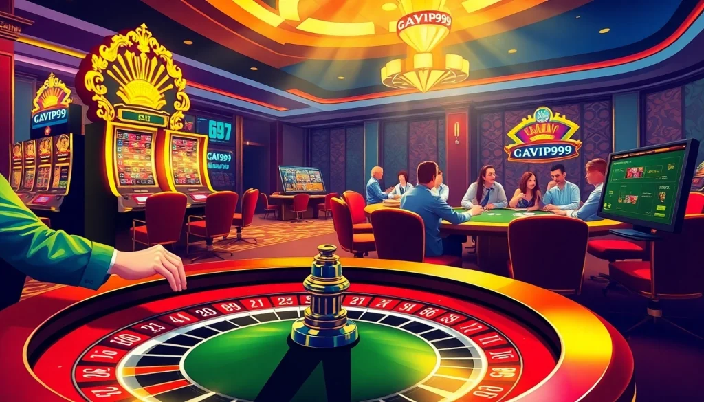 Players enjoying a thrilling experience at Nhà cái GAVIP999 casino tables featuring poker and roulette.