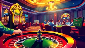 Players enjoying a thrilling experience at Nhà cái GAVIP999 casino tables featuring poker and roulette.