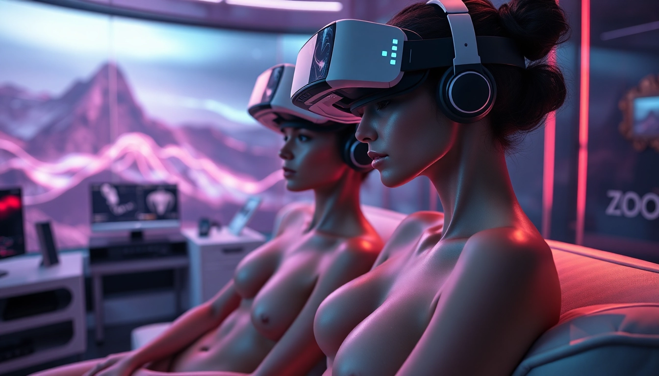 Engaging ai nsfw virtual reality scene with AI companions in an immersive digital landscape.