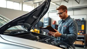 Examine car warranty with fast claims document in a garage setting with mechanic.