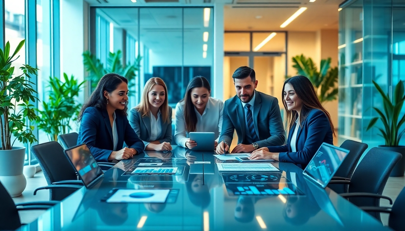 Visual of a team collaborating for an AI integration service provider in a modern office setting.