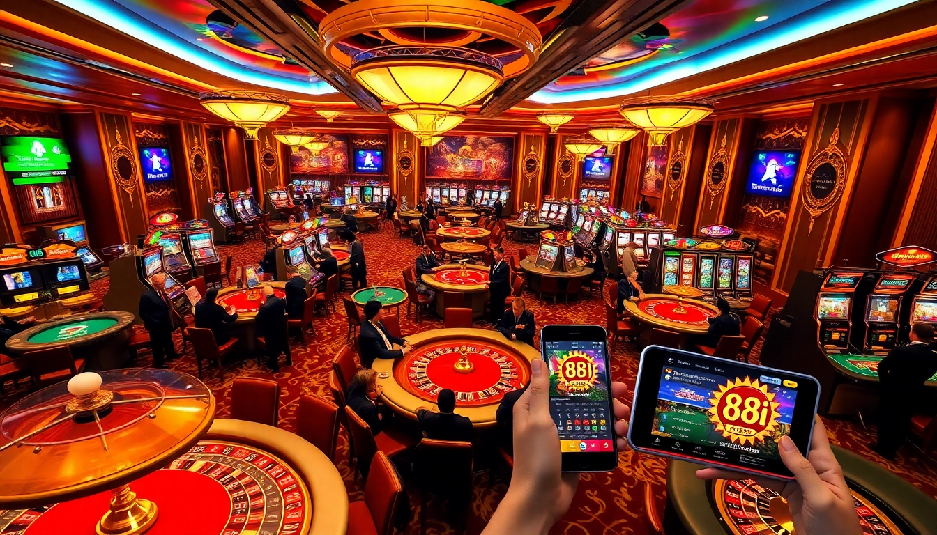 A lively casino scene featuring players enjoying various games with the 88i application visible on mobile devices.