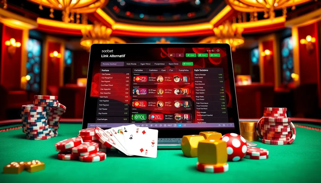 Exciting online gambling scene showcasing sbobet link alternatif on a sleek device with poker chips and cards.