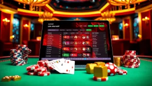 Exciting online gambling scene showcasing sbobet link alternatif on a sleek device with poker chips and cards.