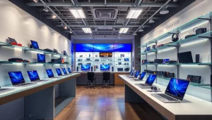 zirvegrupbilgisayar'da modern bilgisayar ürünlerinin sergilendiği çekici bir mağaza iç mekan görüntüsü.