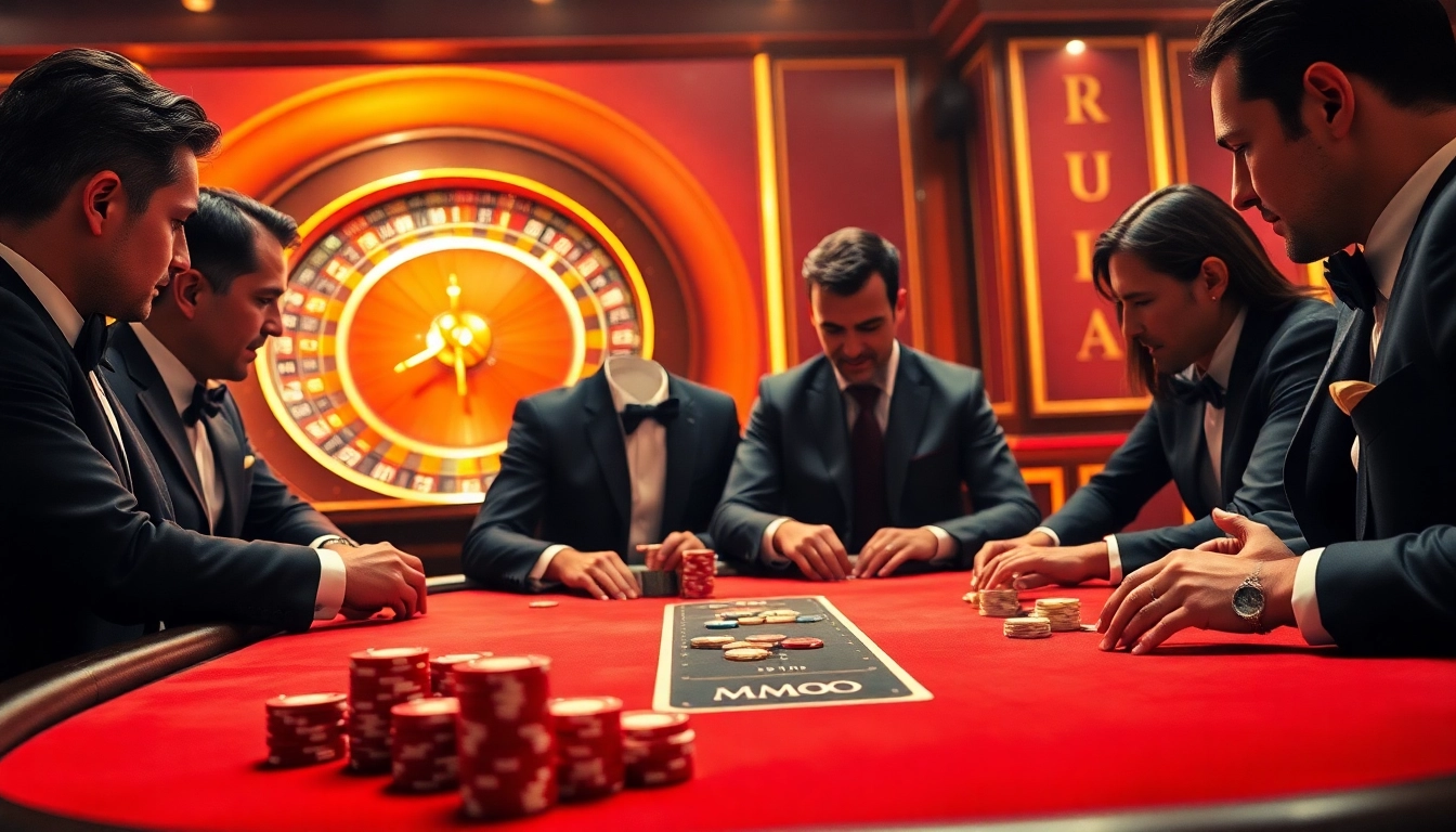 High-stakes poker scene with luxury elements featuring MMOO branding, vibrant chips, and intense players.