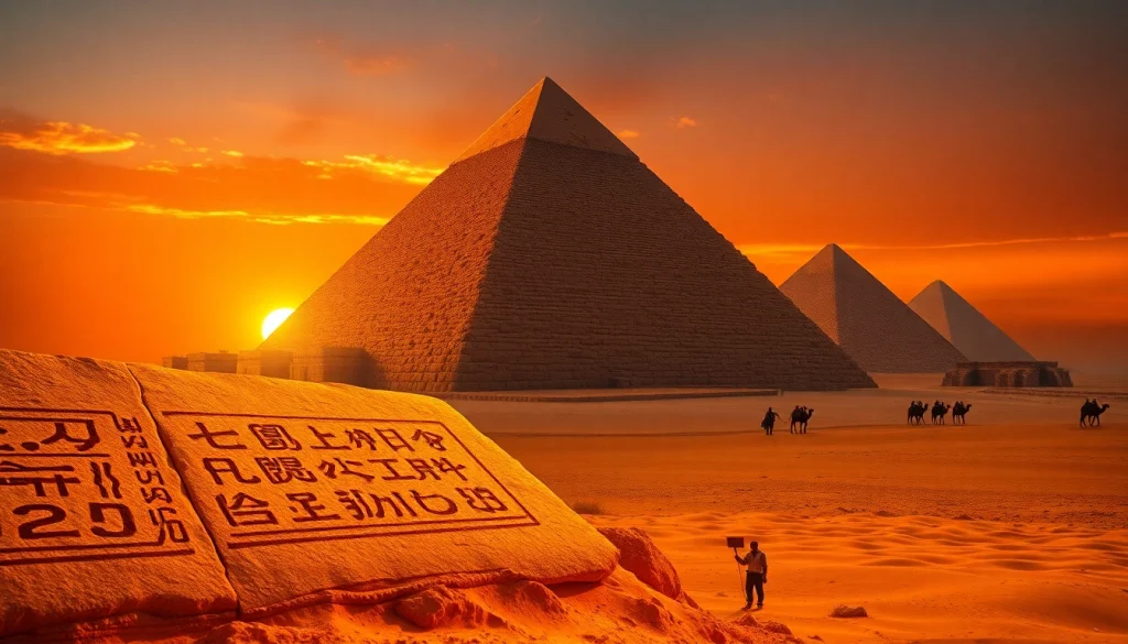 View the stunning Great Pyramid of Giza, highlighting piraminds amidst a golden sunset.