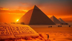 View the stunning Great Pyramid of Giza, highlighting piraminds amidst a golden sunset.