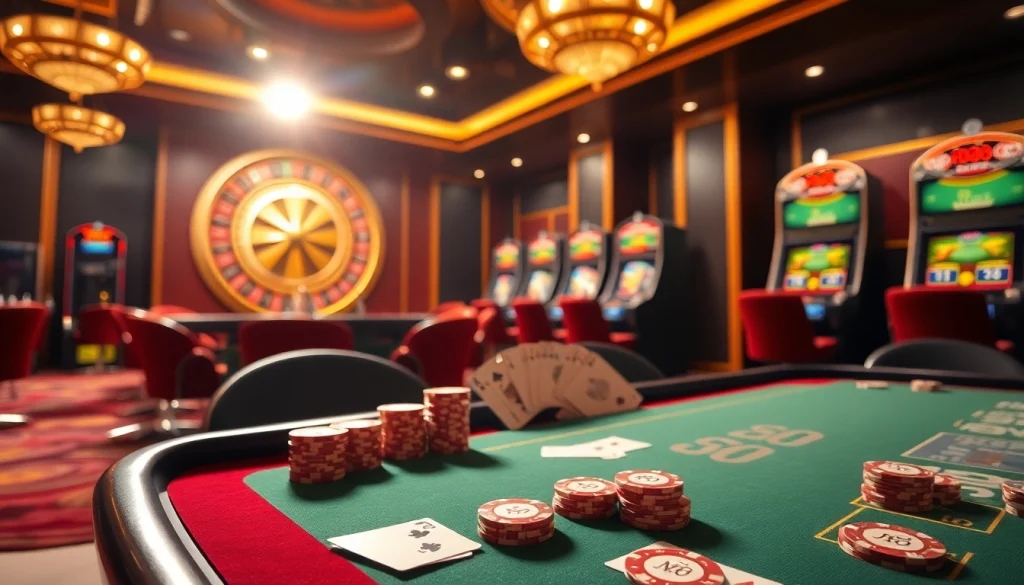 Experience the thrill of MM88 at a vibrant casino table with poker chips and slot machines.