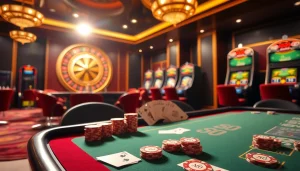Experience the thrill of MM88 at a vibrant casino table with poker chips and slot machines.