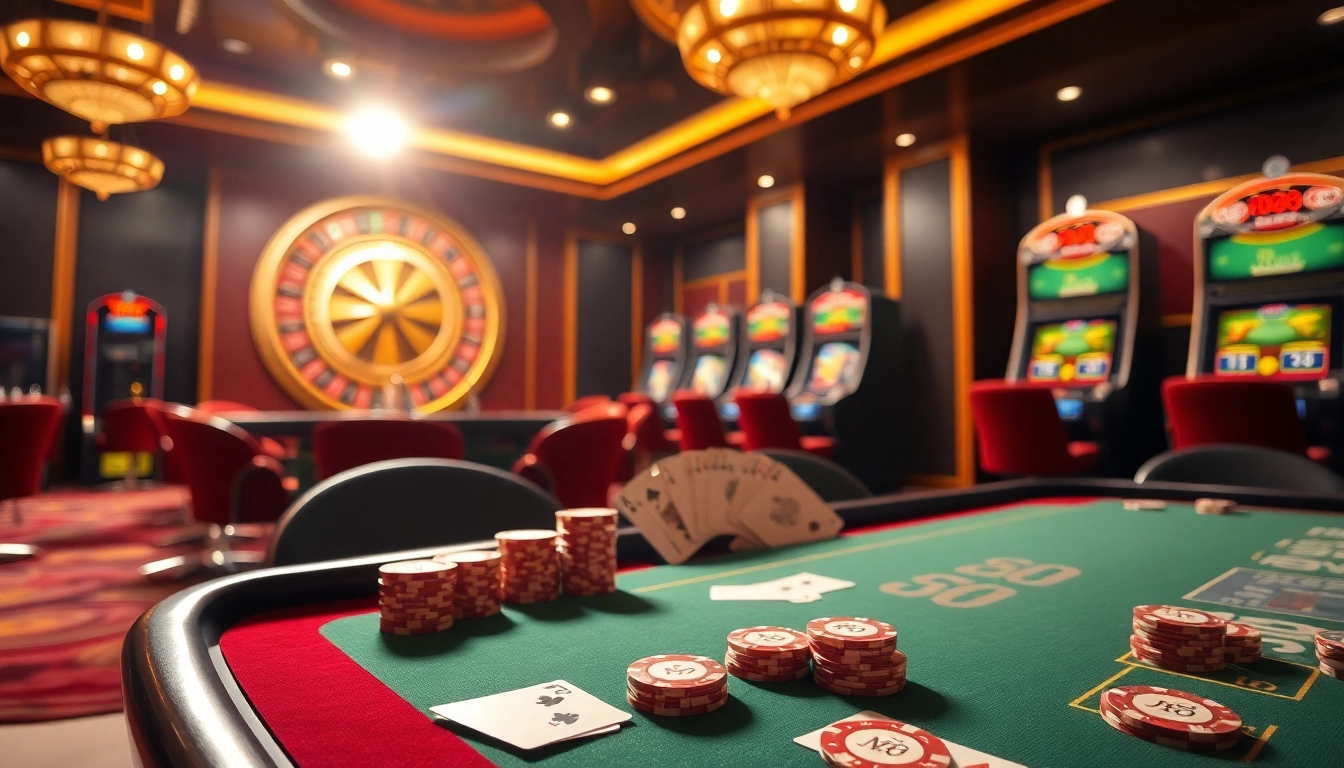 Experience the thrill of MM88 at a vibrant casino table with poker chips and slot machines.