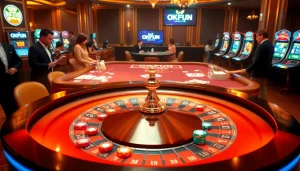 Players engaging in high-stakes games at OKFUN casino, showcasing vibrant roulette and poker tables.